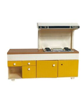 Vtg Tomy Dollhouse Kitchen Stove & Cabinet Set Yellow White Plastic Mini Smaller